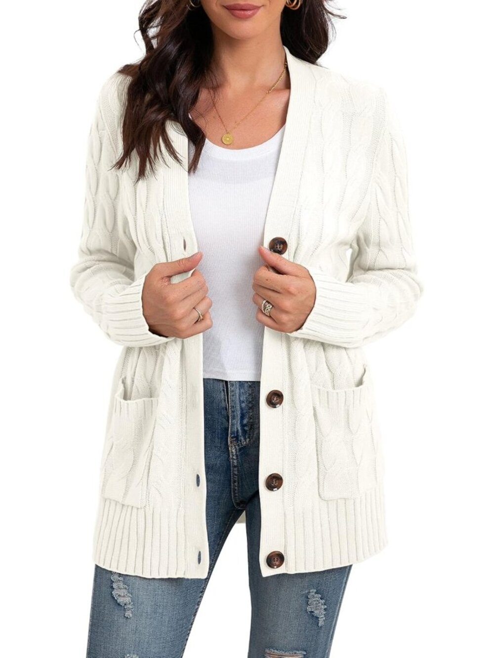 Cozy Women's Long Sleeve Cable Knit Cardigan Sweater with Pockets - Perfect for